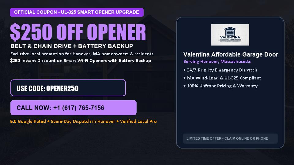 Valentina Affordable Garage Door $250 OFF Premium LiftMaster Opener Installation in Hanover, MA